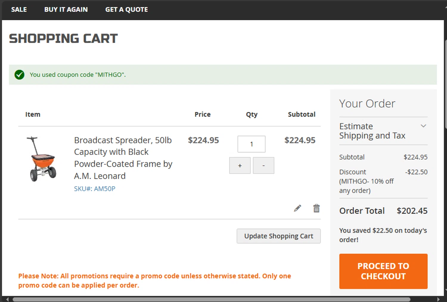 A.M. Leonard discount code screenshot showing code MITHGO applied at A.M. Leonard checkout page. Uploaded by SimplyCodes community member jupitera on Oct 27, 2025