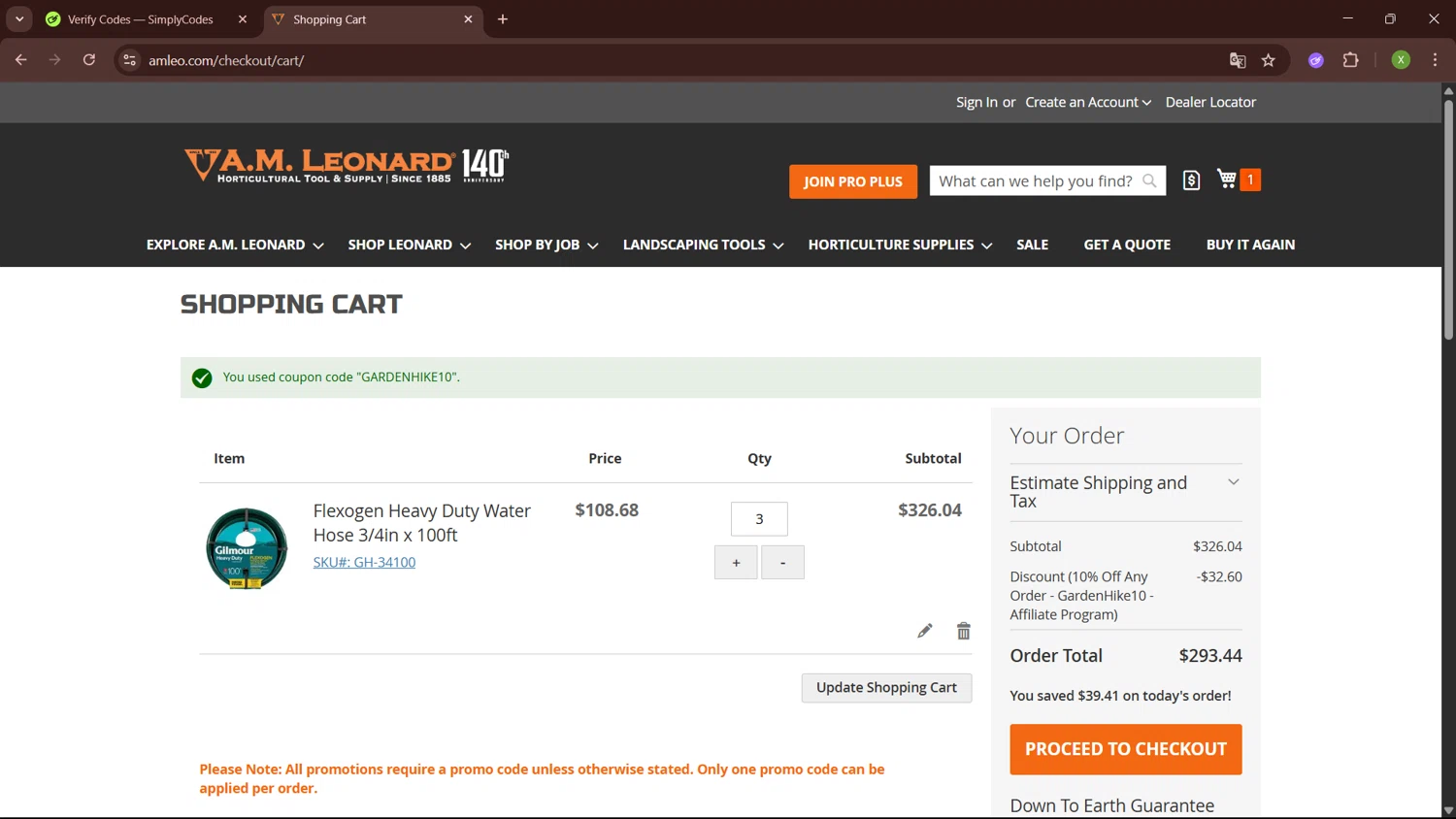 A.M. Leonard discount code screenshot showing code GARDENHIKE10 applied at A.M. Leonard checkout page. Uploaded by SimplyCodes community member SaleTiger1087 on Jul 21, 2025