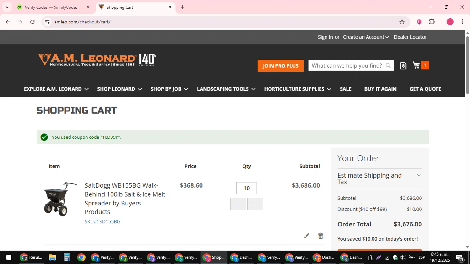 A.M. Leonard discount code screenshot showing code 10D99P applied at A.M. Leonard checkout page. Uploaded by SimplyCodes community member JackWilson63 on Dec 19, 2025