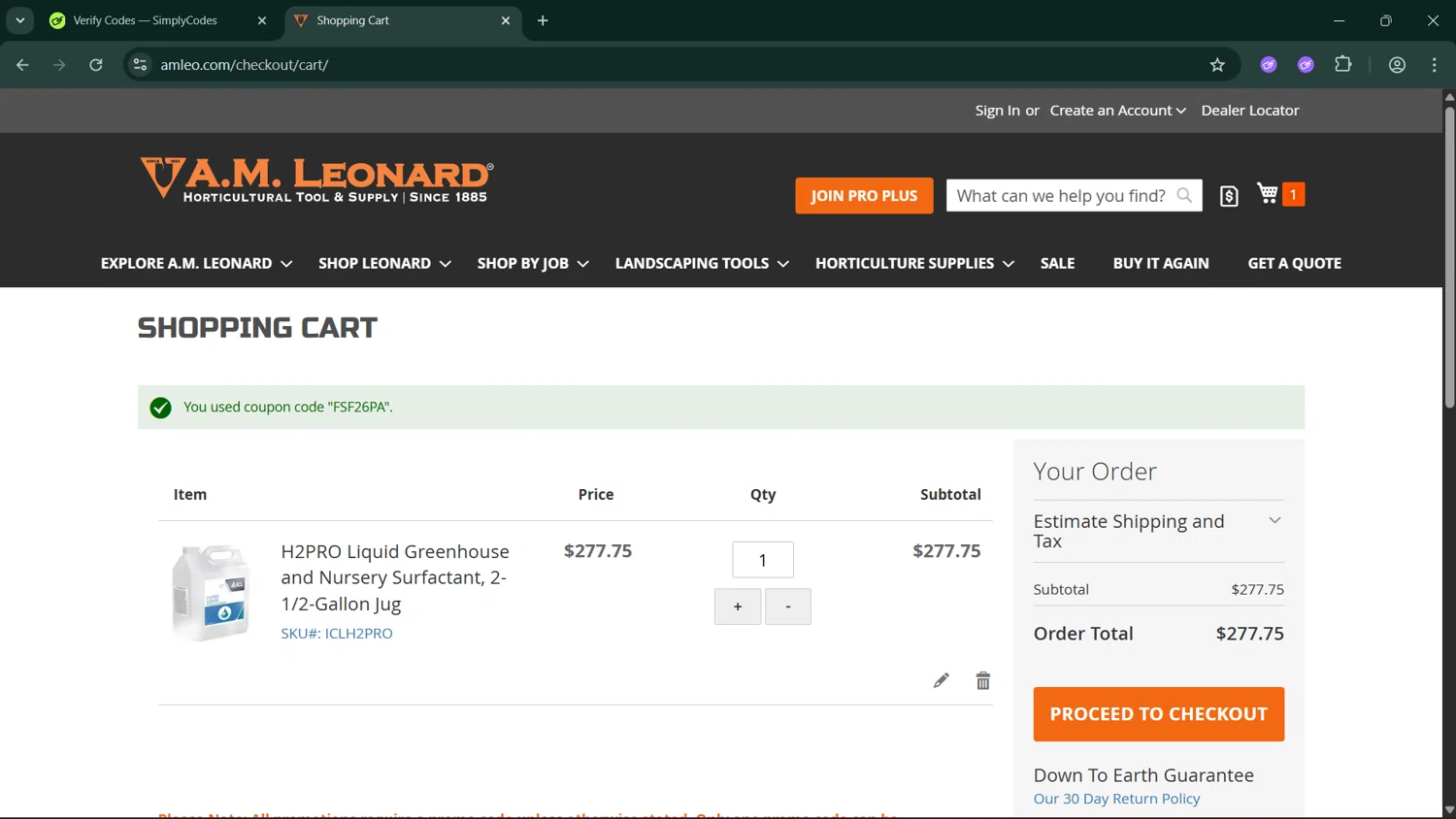 A.M. Leonard checkout page showing A.M. Leonard discount code box | Screenshot taken by SimplyCodes community member on Jan 21, 2026