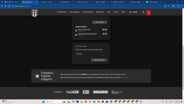 Ammo.com checkout page showing Ammo.com promo code box | Screenshot taken by SimplyCodes community member on Sep 8, 2024
