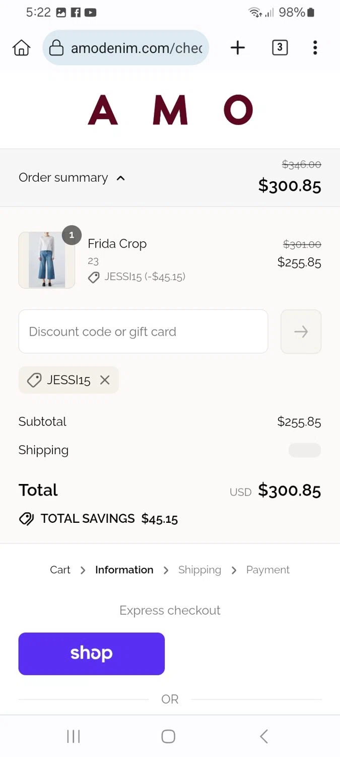 AMO Denim promo code screenshot showing code jessi15 applied at AMO Denim checkout page. Uploaded by SimplyCodes community member ScanMaverick9378 on Aug 30, 2025