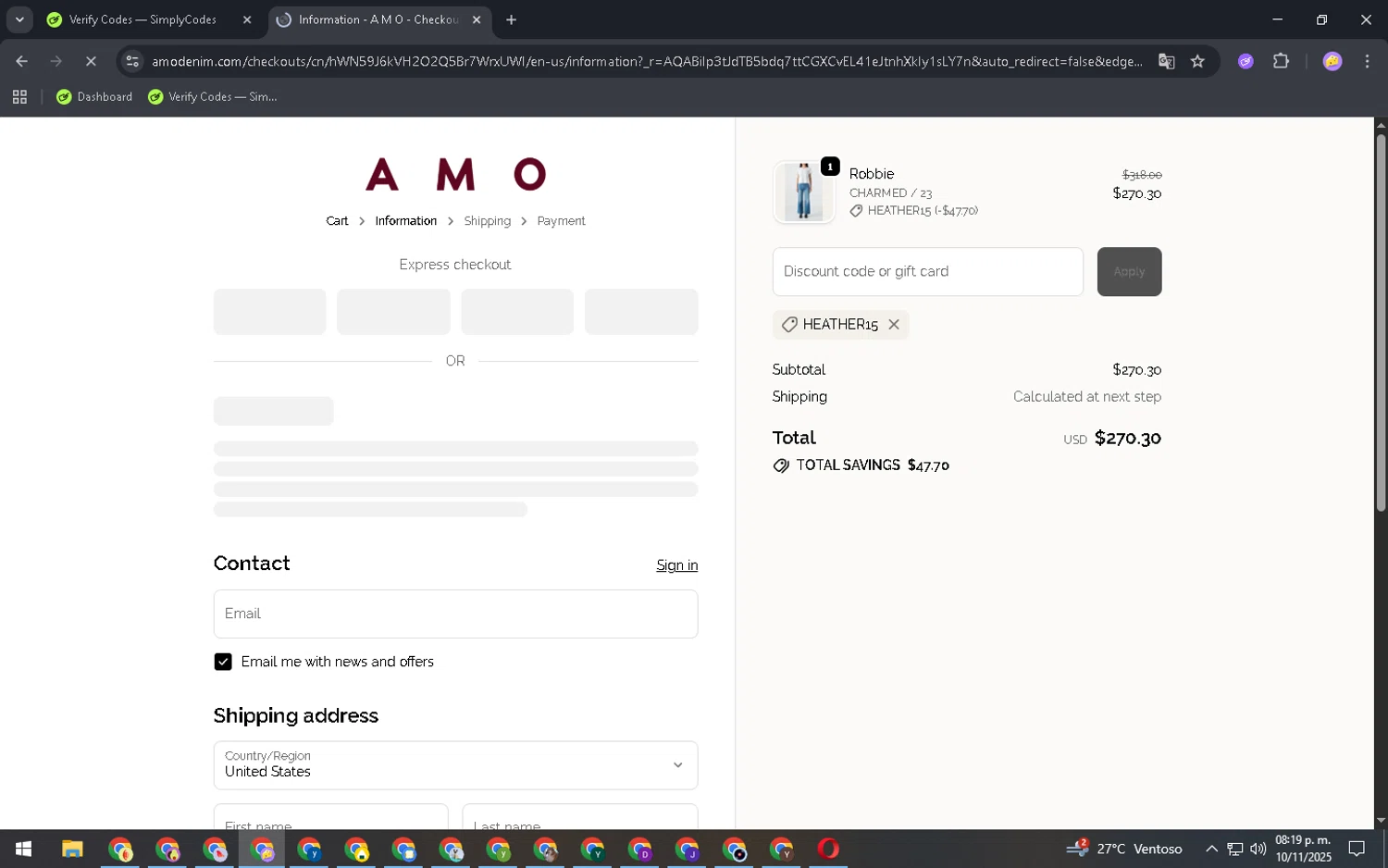 AMO Denim promo code screenshot showing code Heather15 applied at AMO Denim checkout page. Uploaded by SimplyCodes community member SavingsRanger2502 on Nov 11, 2025