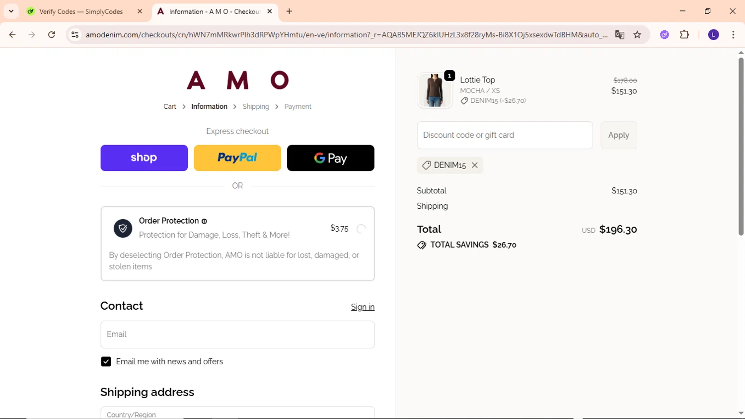 AMO Denim promo code screenshot showing code DENIM15 applied at AMO Denim checkout page. Uploaded by SimplyCodes community member EpicWarden3081 on Jan 19, 2026