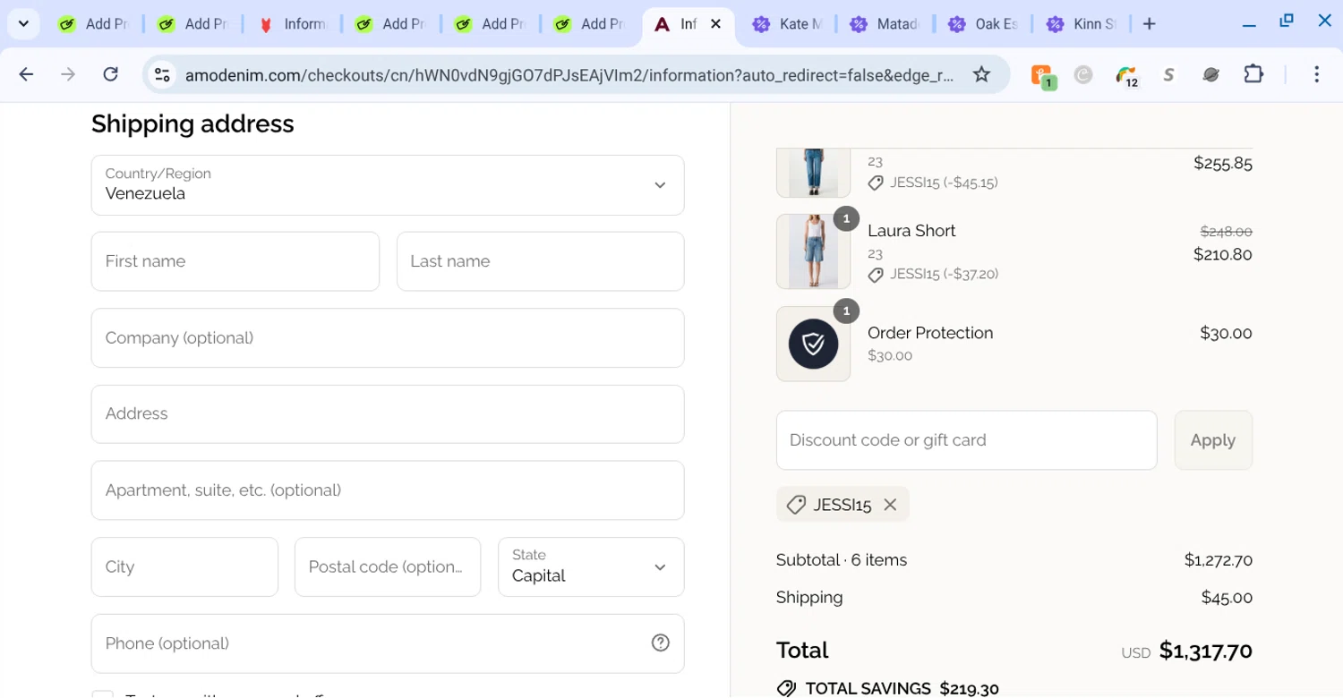 AMO Denim promo code screenshot showing code jessi15 applied at AMO Denim checkout page. Uploaded by SimplyCodes community member KarinaHZ on Aug 3, 2025