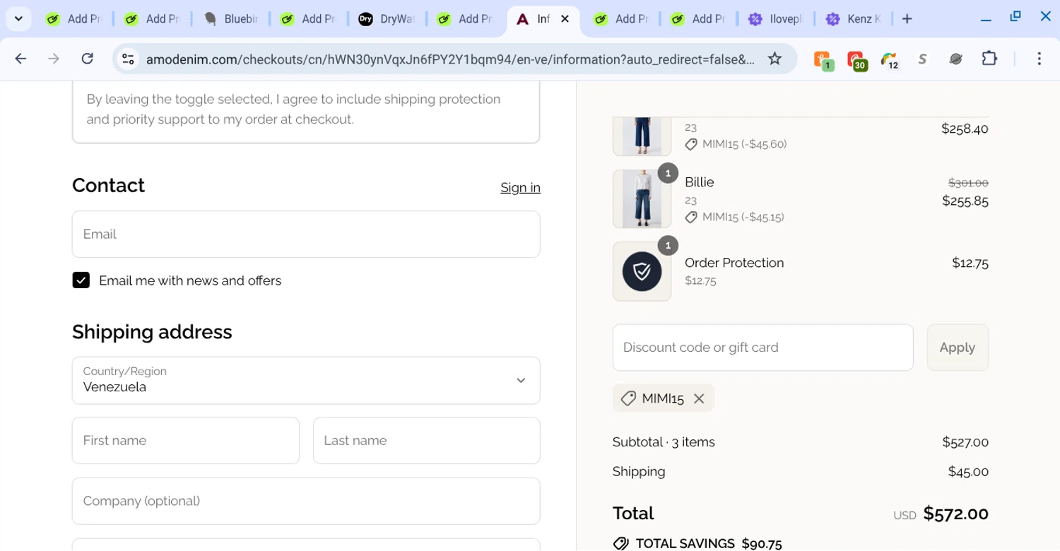 AMO Denim promo code screenshot showing code mimi15 applied at AMO Denim checkout page. Uploaded by SimplyCodes community member KarinaHZ on Sep 15, 2025