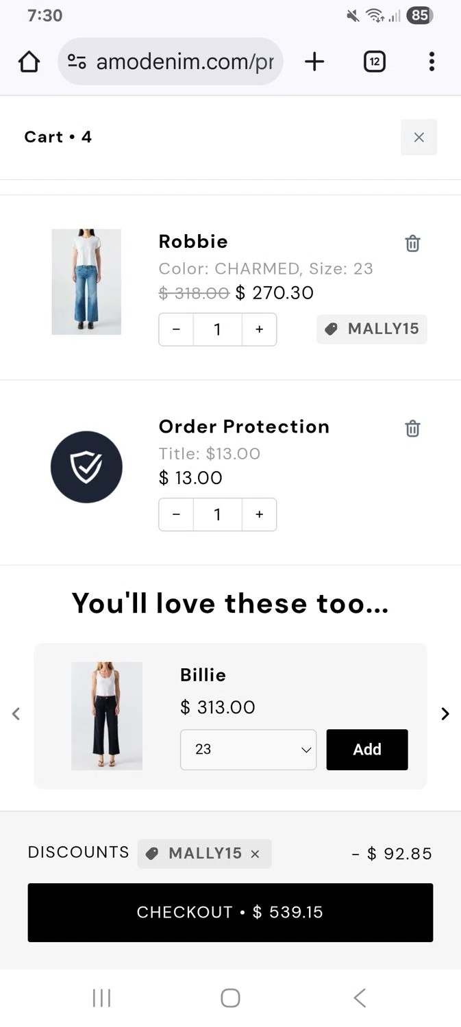 AMO Denim promo code screenshot showing code Mally15 applied at AMO Denim checkout page. Uploaded by SimplyCodes community member KarinaHZ on Dec 2, 2025