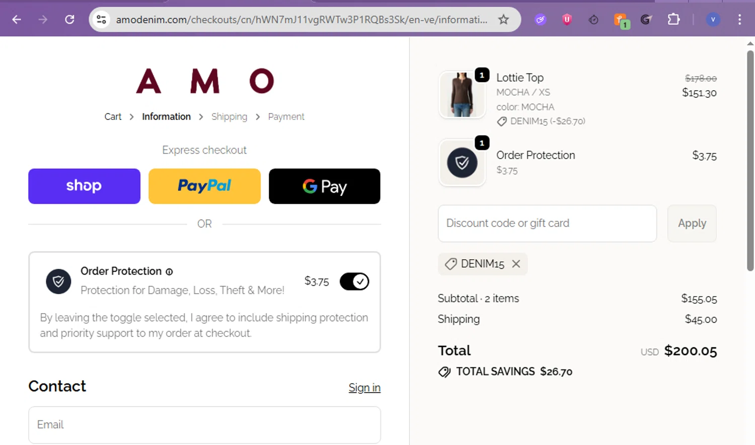 AMO Denim promo code screenshot showing code DENIM15 applied at AMO Denim checkout page. Uploaded by SimplyCodes community member beatrizcastillo on Jan 19, 2026