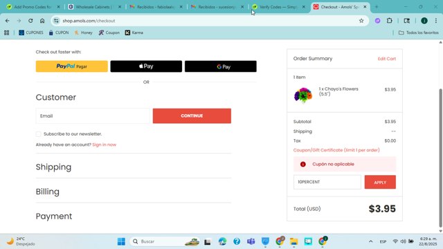 Amols' checkout page showing Amols' promo code box | Screenshot taken by SimplyCodes community member on Aug 22, 2025