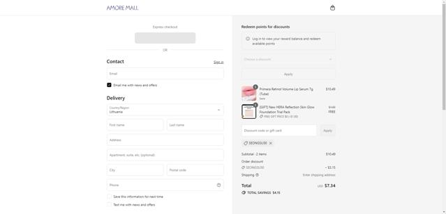 Amore Mall checkout page showing Amore Mall discount code box | Screenshot taken by SimplyCodes community member on Sep 9, 2025