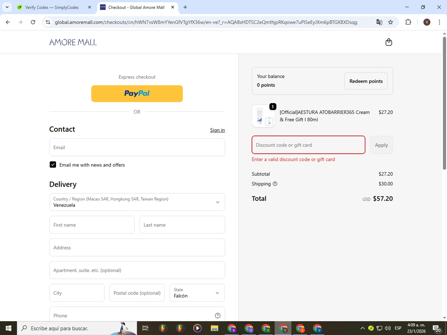 Amore Mall promo code screenshot showing code JAN40 applied at Amore Mall checkout page. Uploaded by SimplyCodes community member CashLion3448 on Jan 23, 2026