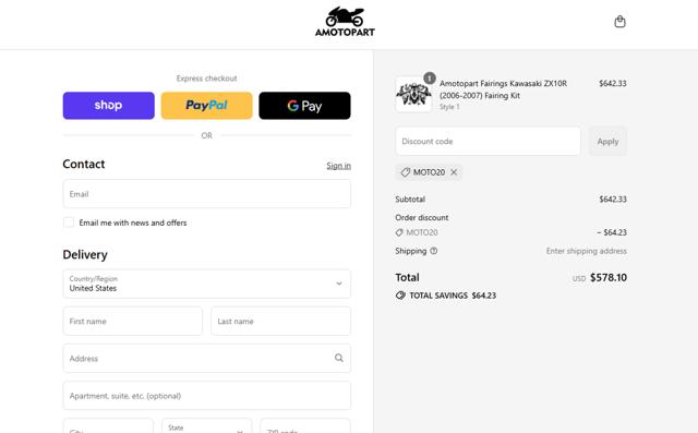 Amotopart checkout page showing Amotopart promo code box | Screenshot taken by SimplyCodes community member on Sep 10, 2025