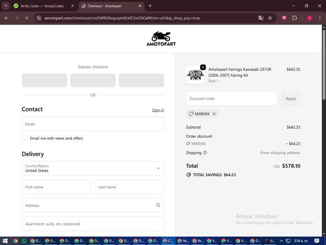 Amotopart checkout page showing Amotopart promo code box | Screenshot taken by SimplyCodes community member on Sep 18, 2025