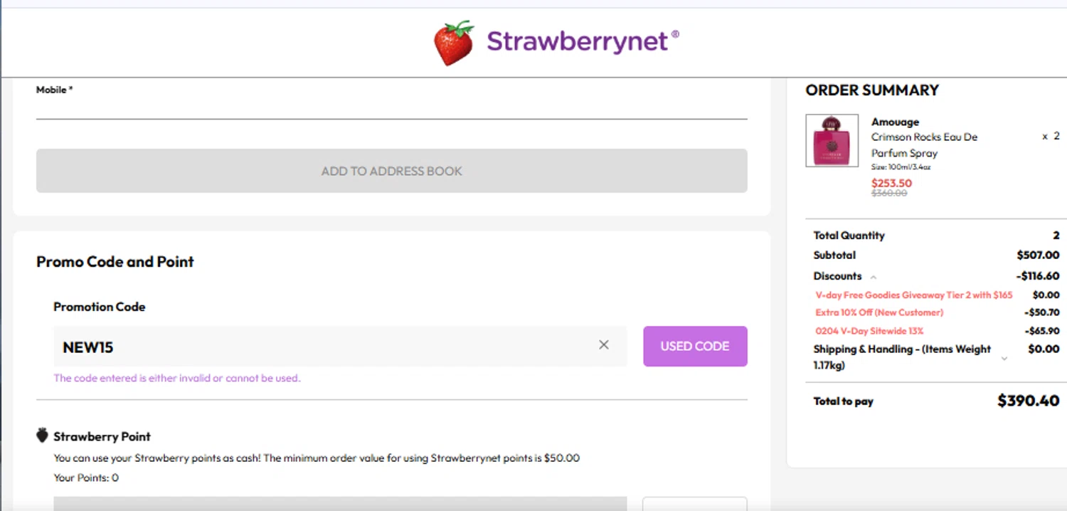 Amouage Fragrances promo code screenshot showing code NEW15 applied at Amouage Fragrances checkout page. Uploaded by SimplyCodes community member OsbelSanchez23 on Feb 8, 2025