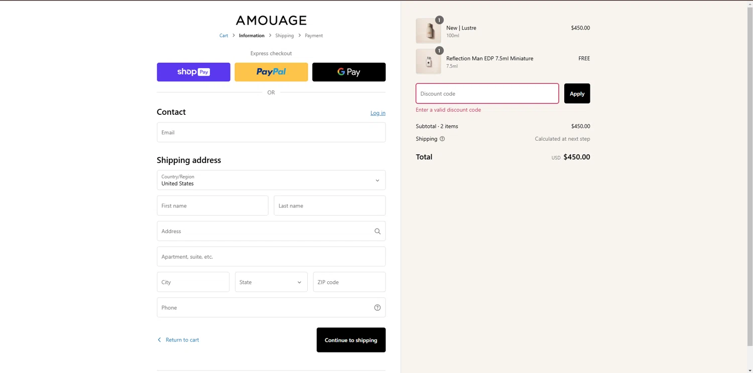 Amouage Fragrances promo code screenshot showing code EXTRAITS1111 applied at Amouage Fragrances checkout page. Uploaded by SimplyCodes community member Underaiki on Feb 12, 2025