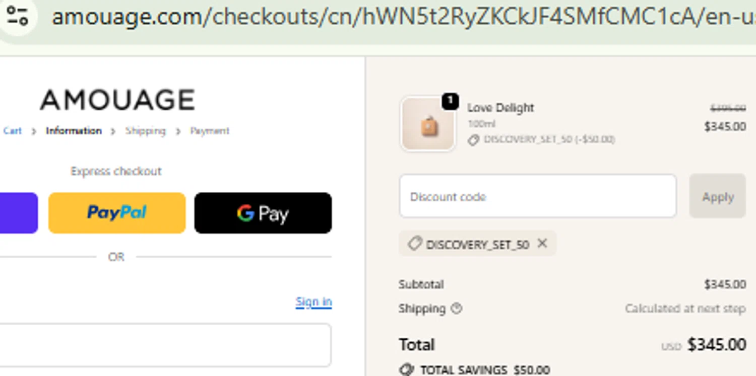 Amouage Fragrances promo code screenshot showing code discovery_set_50 applied at Amouage Fragrances checkout page. Uploaded by SimplyCodes community member CashMaestro9337 on Nov 30, 2025