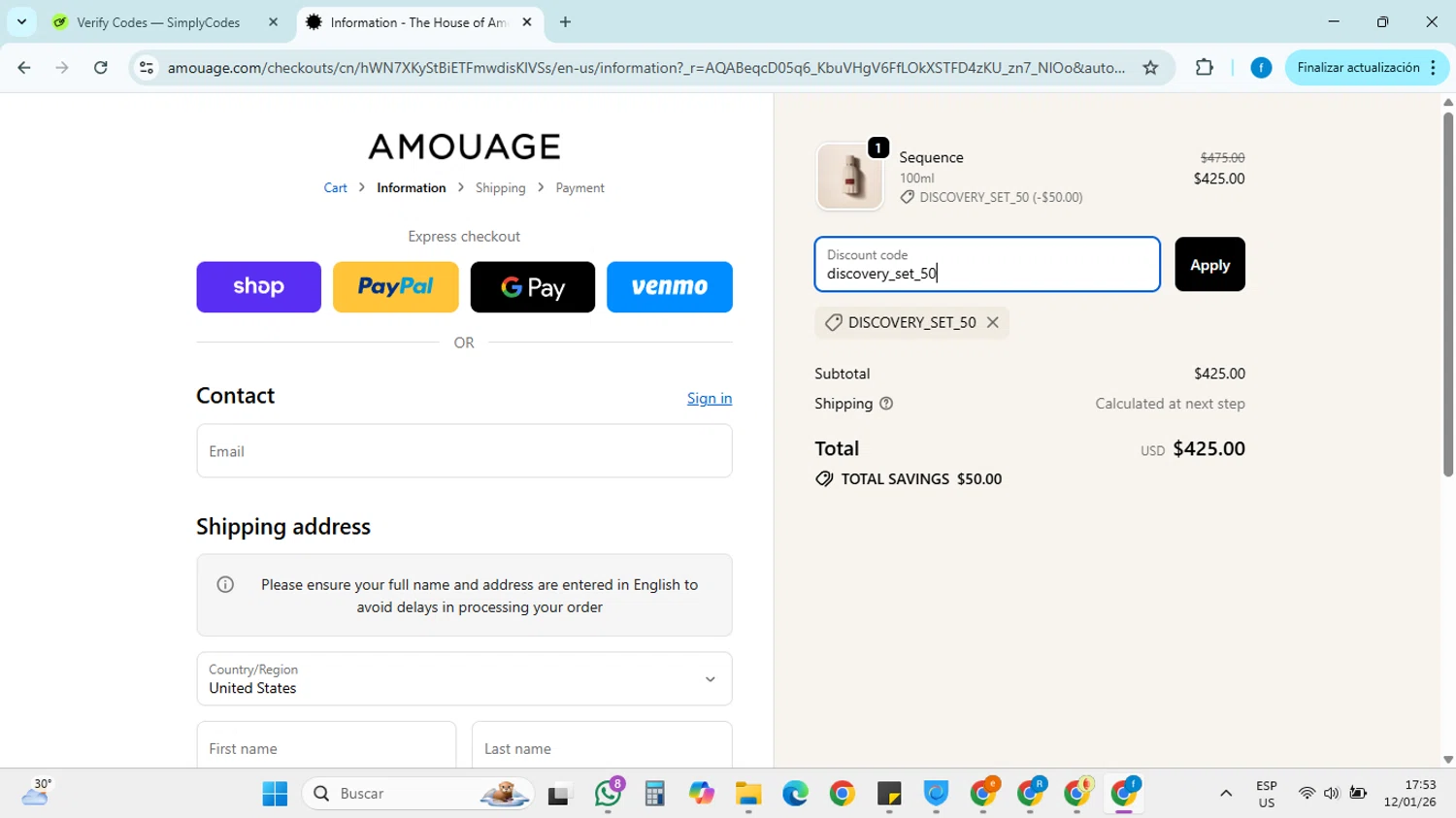 Amouage Fragrances promo code screenshot showing code discovery_set_50 applied at Amouage Fragrances checkout page. Uploaded by SimplyCodes community member FRANCYCASERES12 on Jan 12, 2026