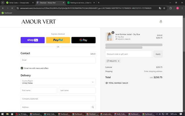Amour Vert checkout page showing Amour Vert promo code box | Screenshot taken by SimplyCodes community member on Oct 2, 2024