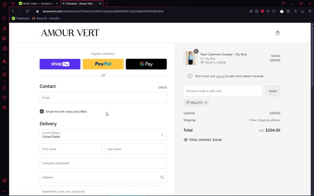 Amour Vert checkout page showing Amour Vert promo code box | Screenshot taken by SimplyCodes community member on Sep 24, 2024