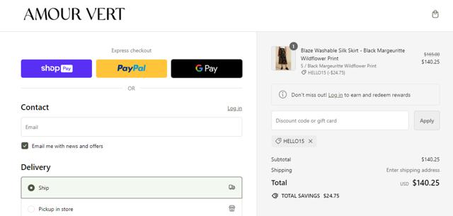 Amour Vert checkout page showing Amour Vert promo code box | Screenshot taken by SimplyCodes community member on Aug 25, 2024