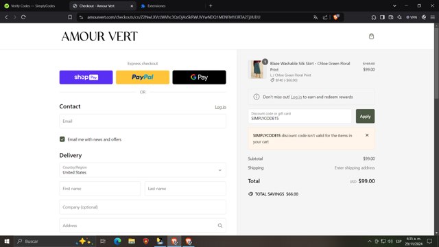 Amour Vert checkout page showing Amour Vert promo code box | Screenshot taken by SimplyCodes community member on Nov 29, 2024