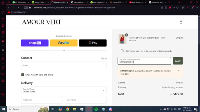 Amour Vert checkout page showing Amour Vert promo code box | Screenshot taken by SimplyCodes community member on Oct 31, 2024