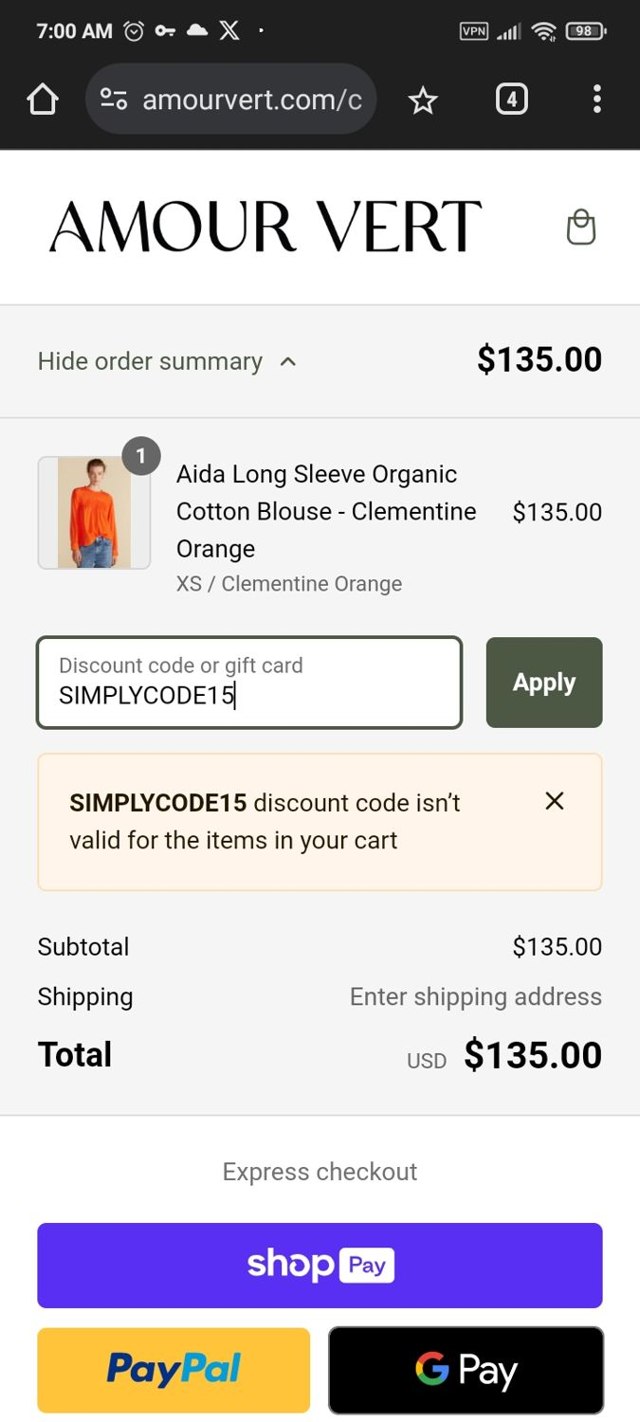 Amour Vert checkout page showing Amour Vert promo code box | Screenshot taken by SimplyCodes community member on Aug 19, 2024