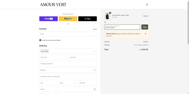Amour Vert checkout page showing Amour Vert promo code box | Screenshot taken by SimplyCodes community member on Oct 2, 2024