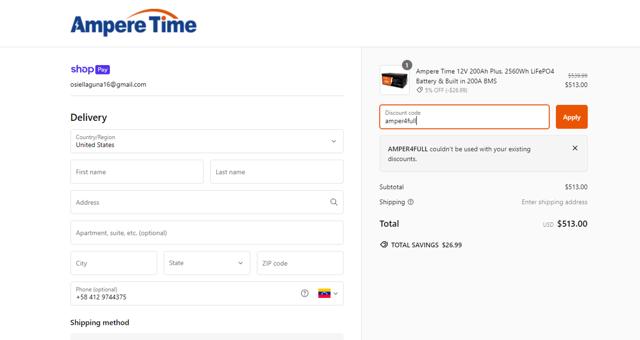Ampere Time checkout page showing Ampere Time discount code box | Screenshot taken by SimplyCodes community member on Sep 30, 2024