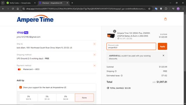 Ampere Time checkout page showing Ampere Time discount code box | Screenshot taken by SimplyCodes community member on Sep 30, 2024