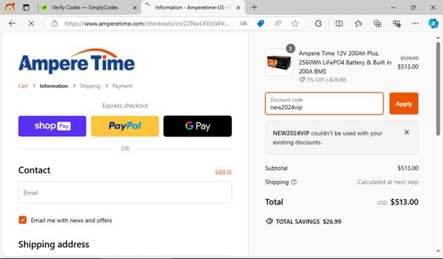 Ampere Time checkout page showing Ampere Time discount code box | Screenshot taken by SimplyCodes community member on Oct 1, 2024