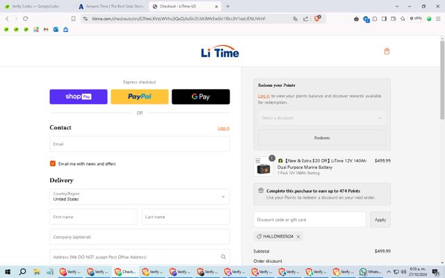 Ampere Time checkout page showing Ampere Time discount code box | Screenshot taken by SimplyCodes community member on Oct 27, 2024