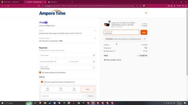 Ampere Time checkout page showing Ampere Time discount code box | Screenshot taken by SimplyCodes community member on Oct 2, 2024