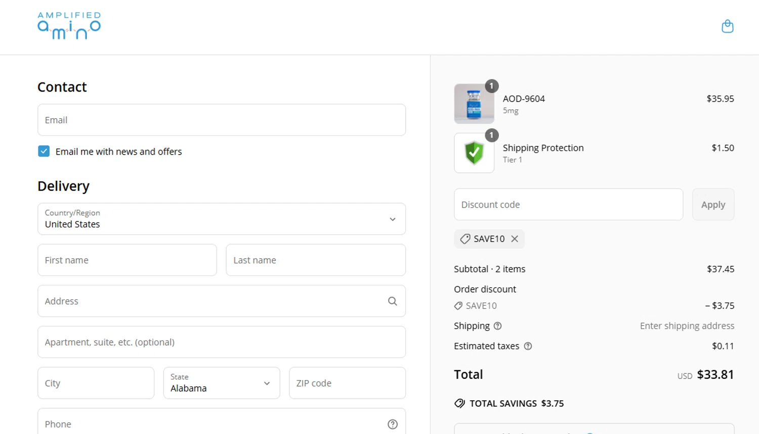 Amplified Amino discount code screenshot showing code SAVE10 applied at Amplified Amino checkout page. Uploaded by SimplyCodes community member salemigajera on May 16, 2025