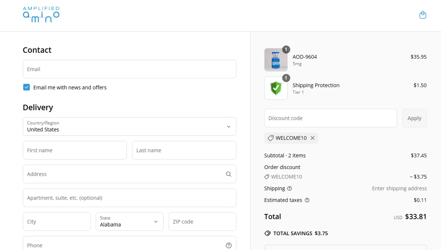 Amplified Amino discount code screenshot showing code WELCOME10 applied at Amplified Amino checkout page. Uploaded by SimplyCodes community member aumentadax10 on May 16, 2025