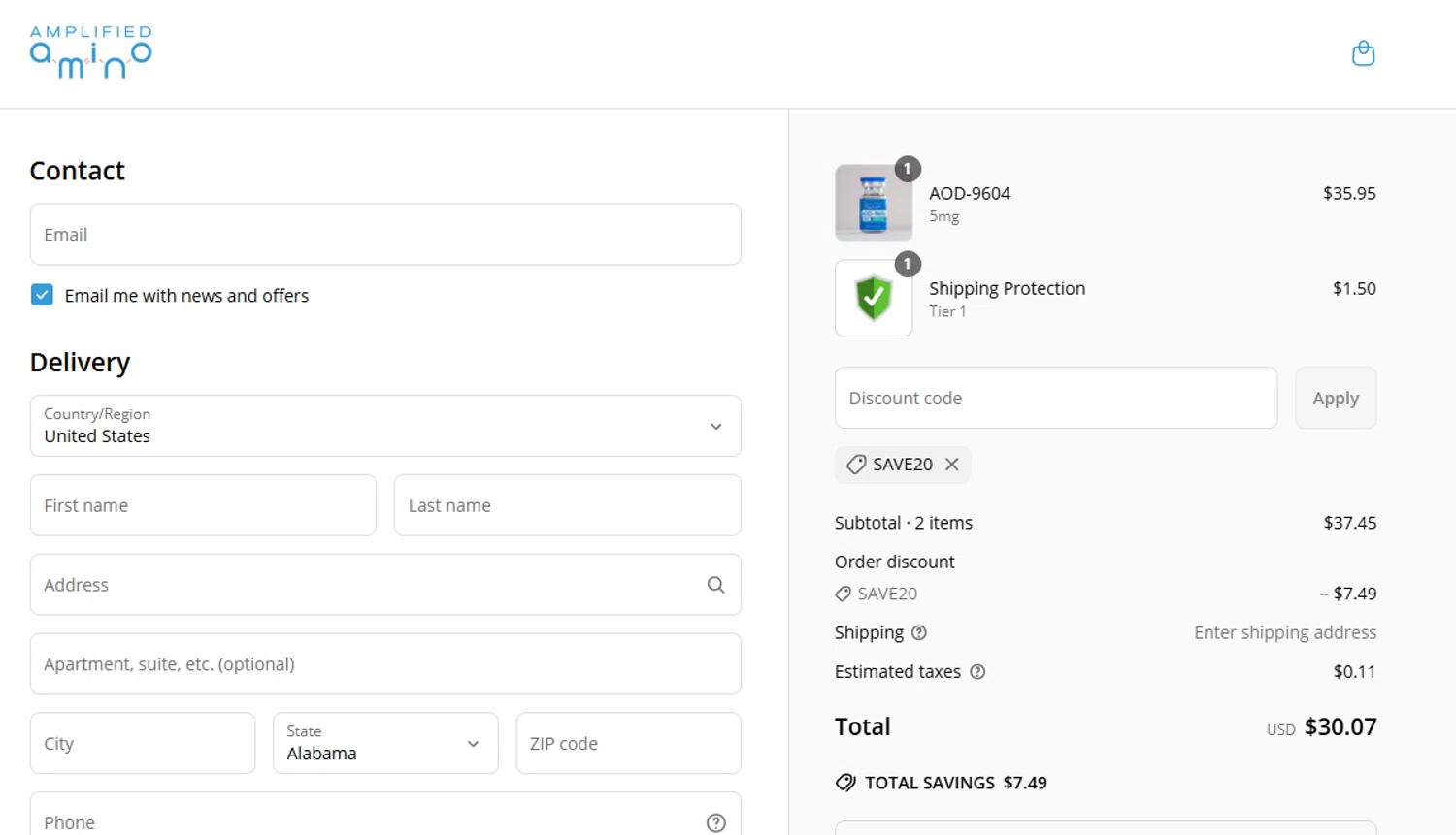 Amplified Amino discount code screenshot showing code SAVE20 applied at Amplified Amino checkout page. Uploaded by SimplyCodes community member aumentadax10 on May 16, 2025