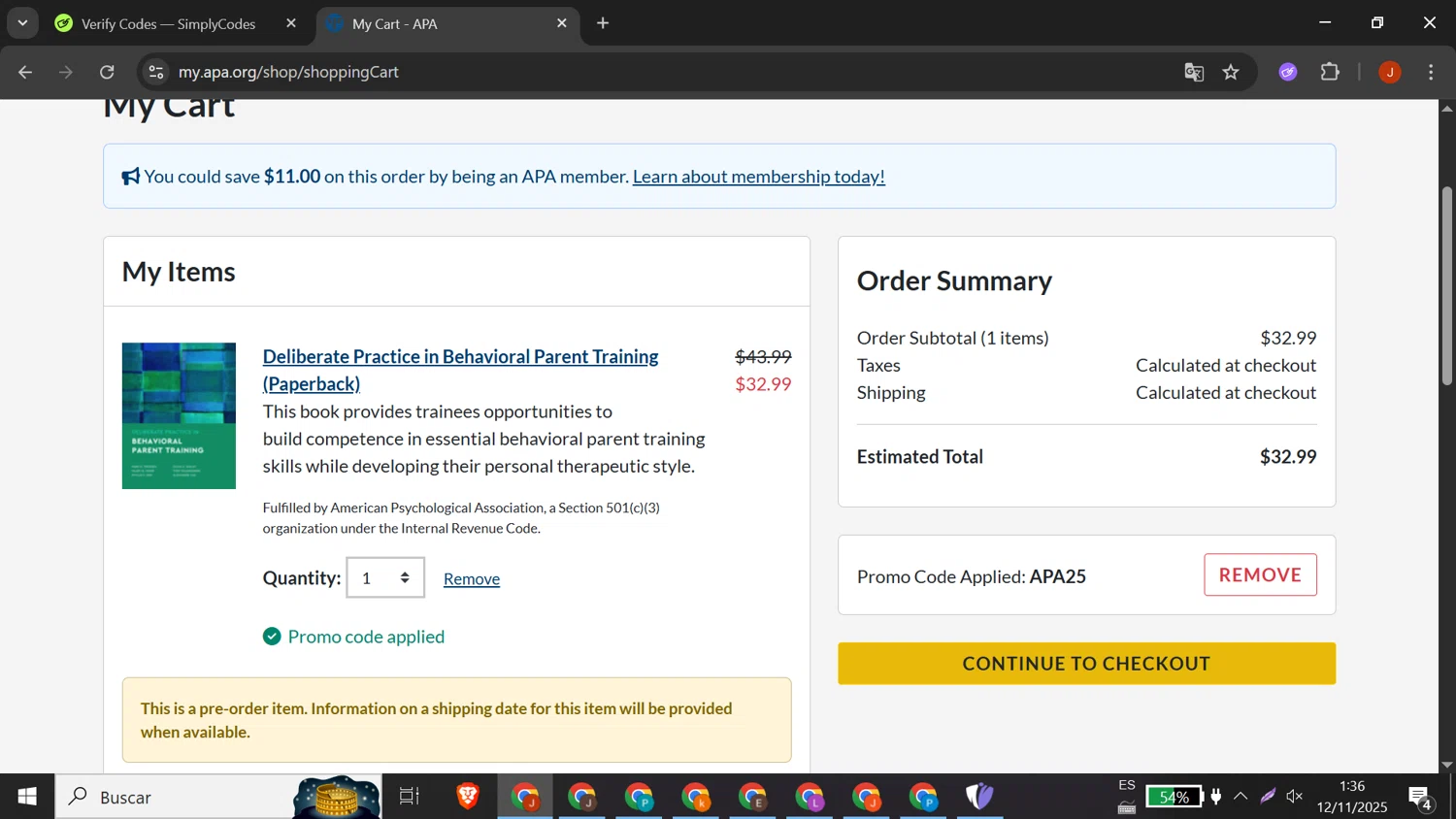American Psychological Association checkout page showing American Psychological Association promo code box | Screenshot taken by SimplyCodes community member on Nov 12, 2025