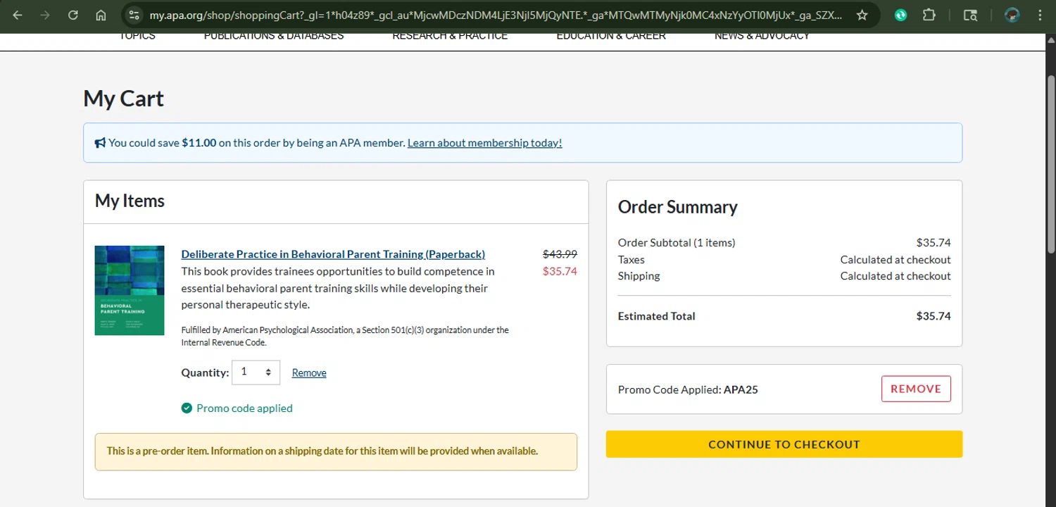 American Psychological Association checkout page showing American Psychological Association promo code box | Screenshot taken by SimplyCodes community member on Nov 12, 2025