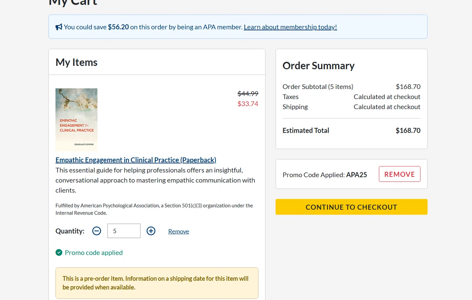 American Psychological Association promo code screenshot showing code APA25 applied at American Psychological Association checkout page. Uploaded by SimplyCodes community member Veigarwaton on Nov 19, 2025