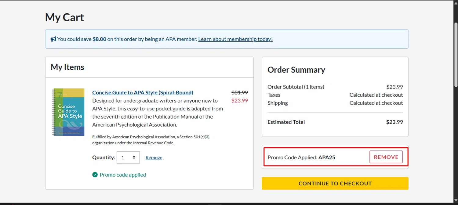 American Psychological Association promo code screenshot showing code APA25 applied at American Psychological Association checkout page. Uploaded by SimplyCodes community member noworries on Dec 2, 2025