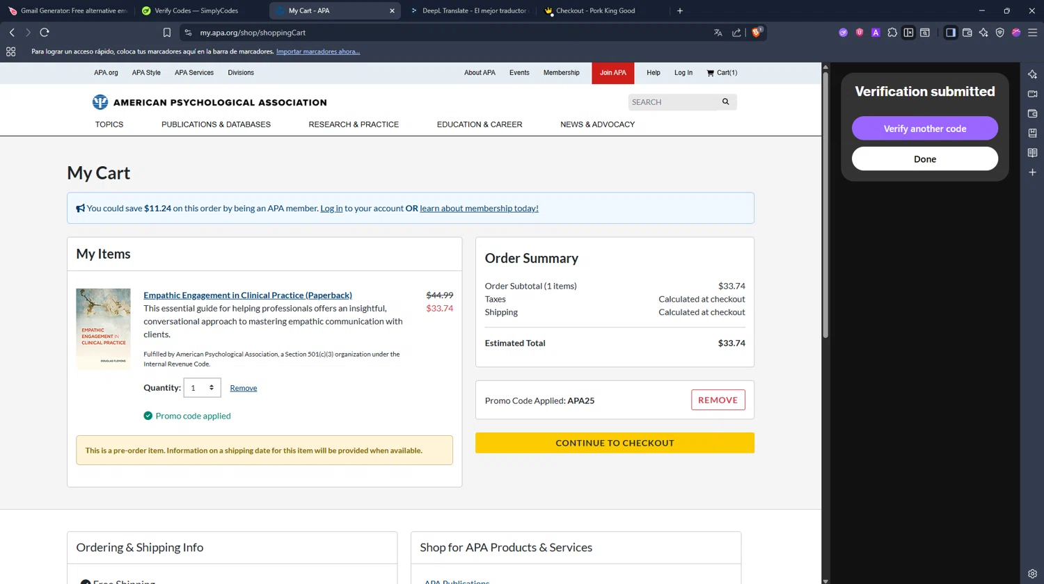 American Psychological Association checkout page showing American Psychological Association promo code box | Screenshot taken by SimplyCodes community member on Nov 8, 2025