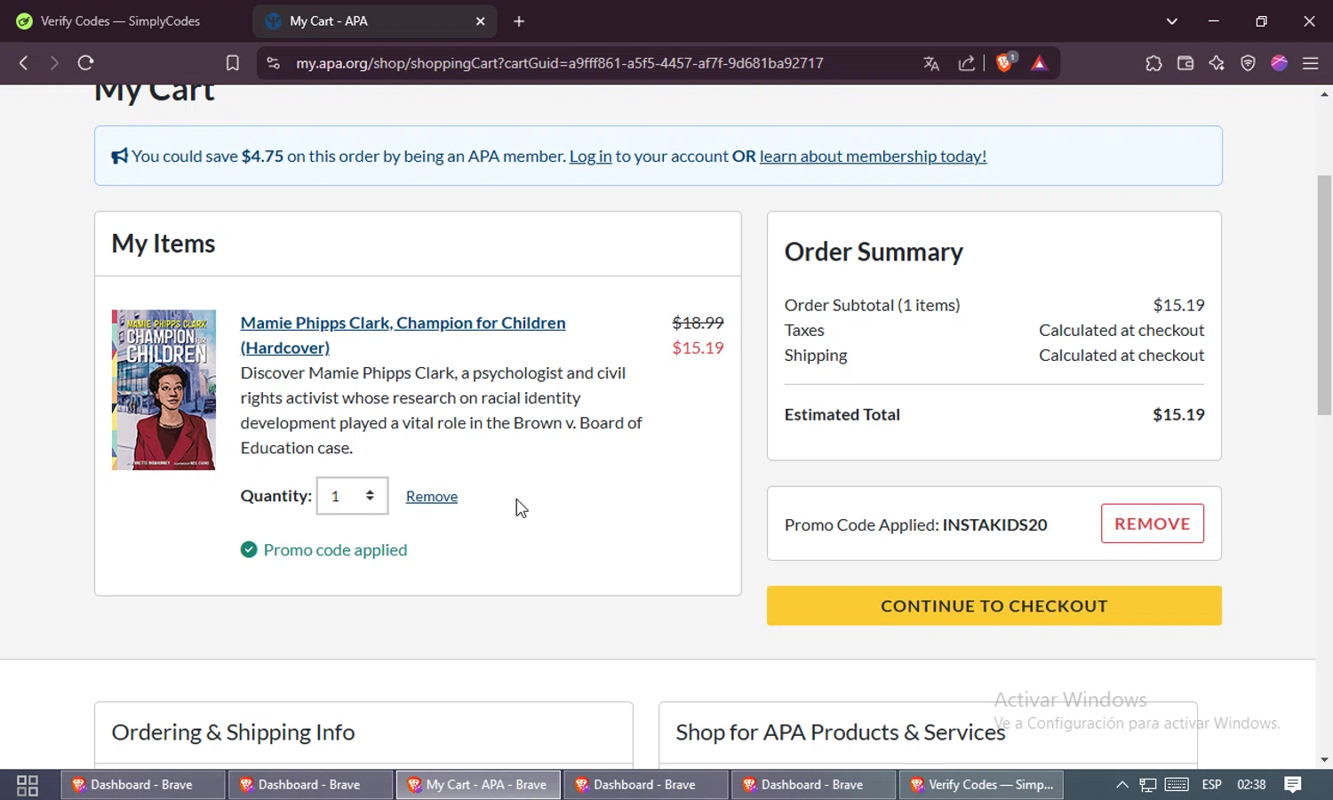American Psychological Association promo code screenshot showing code INSTAKIDS20 applied at American Psychological Association checkout page. Uploaded by SimplyCodes community member Rayyyyyy on Feb 20, 2025