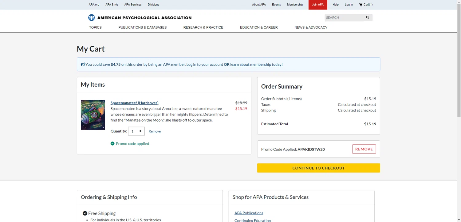 American Psychological Association promo code screenshot showing code APAKIDSTW20 applied at American Psychological Association checkout page. Uploaded by SimplyCodes community member PennyRanger8219 on May 29, 2025