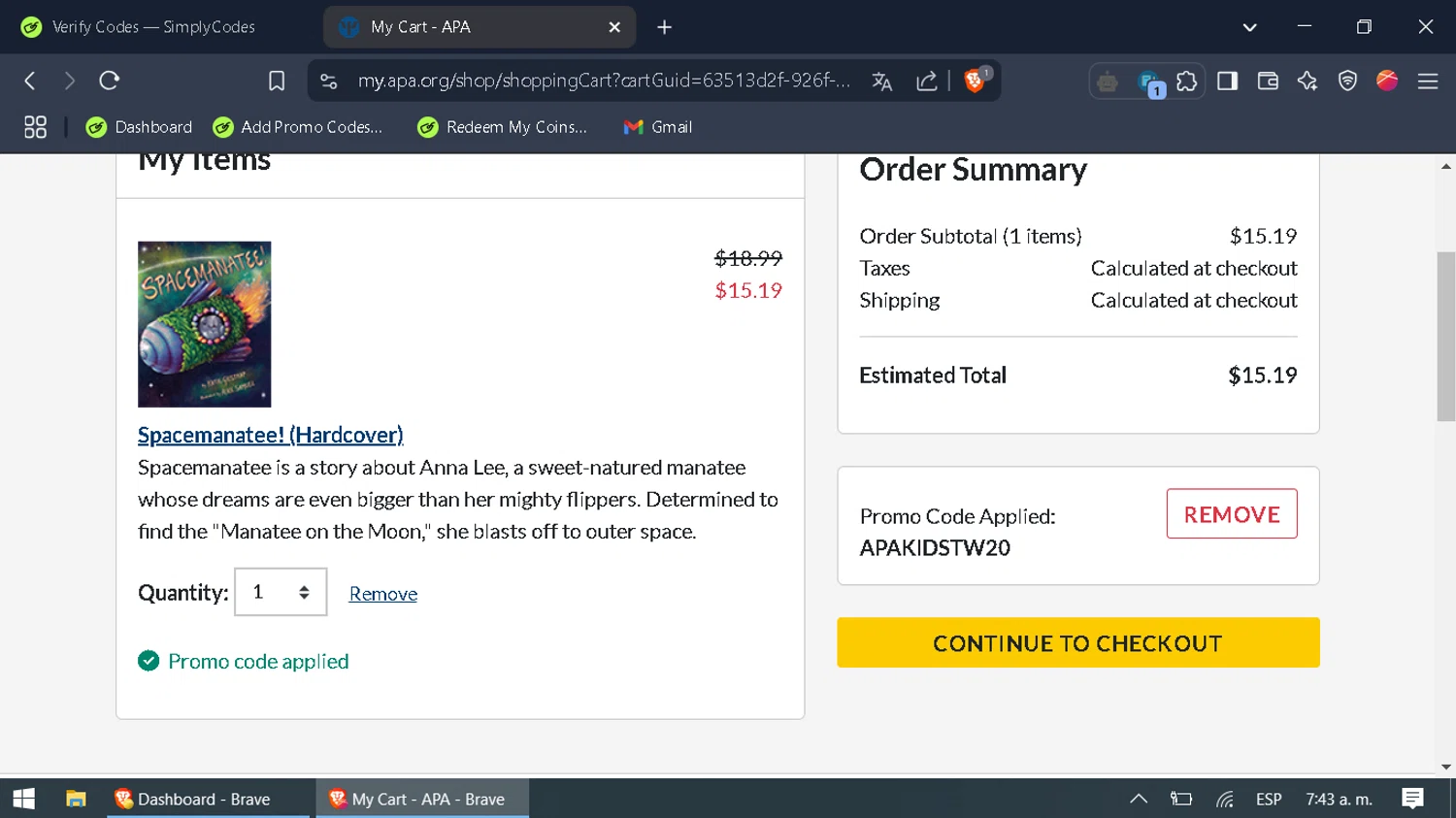 American Psychological Association promo code screenshot showing code APAKIDSTW20 applied at American Psychological Association checkout page. Uploaded by SimplyCodes community member WonderFox6469 on Mar 15, 2025