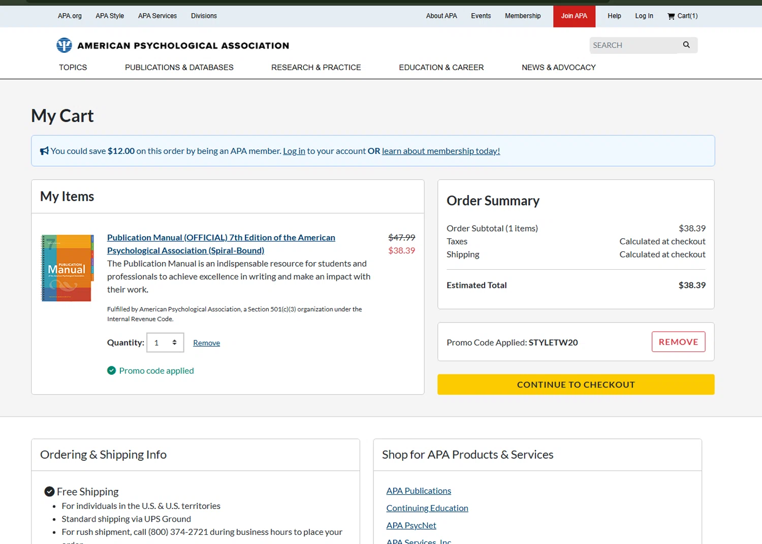 American Psychological Association promo code screenshot showing code STYLETW20 applied at American Psychological Association checkout page. Uploaded by SimplyCodes community member AliceLidell on Oct 13, 2025