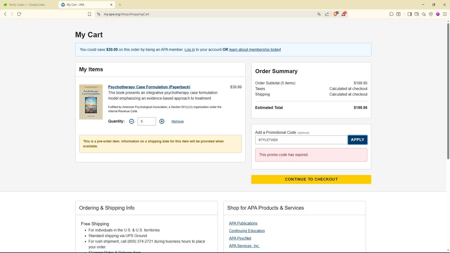 American Psychological Association promo code screenshot showing code STYLETW20 applied at American Psychological Association checkout page. Uploaded by SimplyCodes community member Livingston on Jan 4, 2026