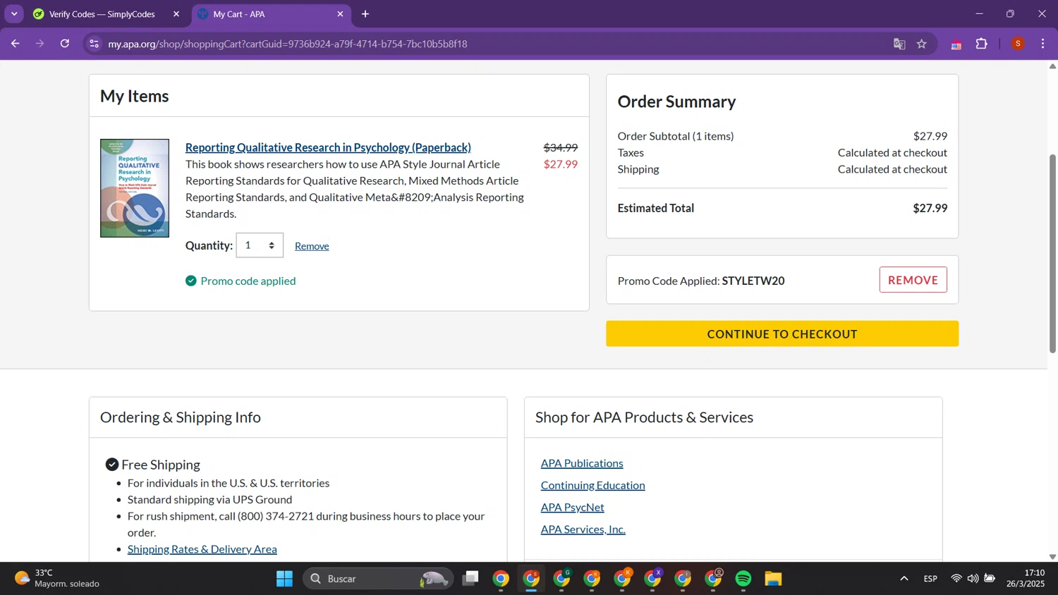 American Psychological Association promo code screenshot showing code STYLETW20 applied at American Psychological Association checkout page. Uploaded by SimplyCodes community member PrimeTracker2179 on Mar 26, 2025