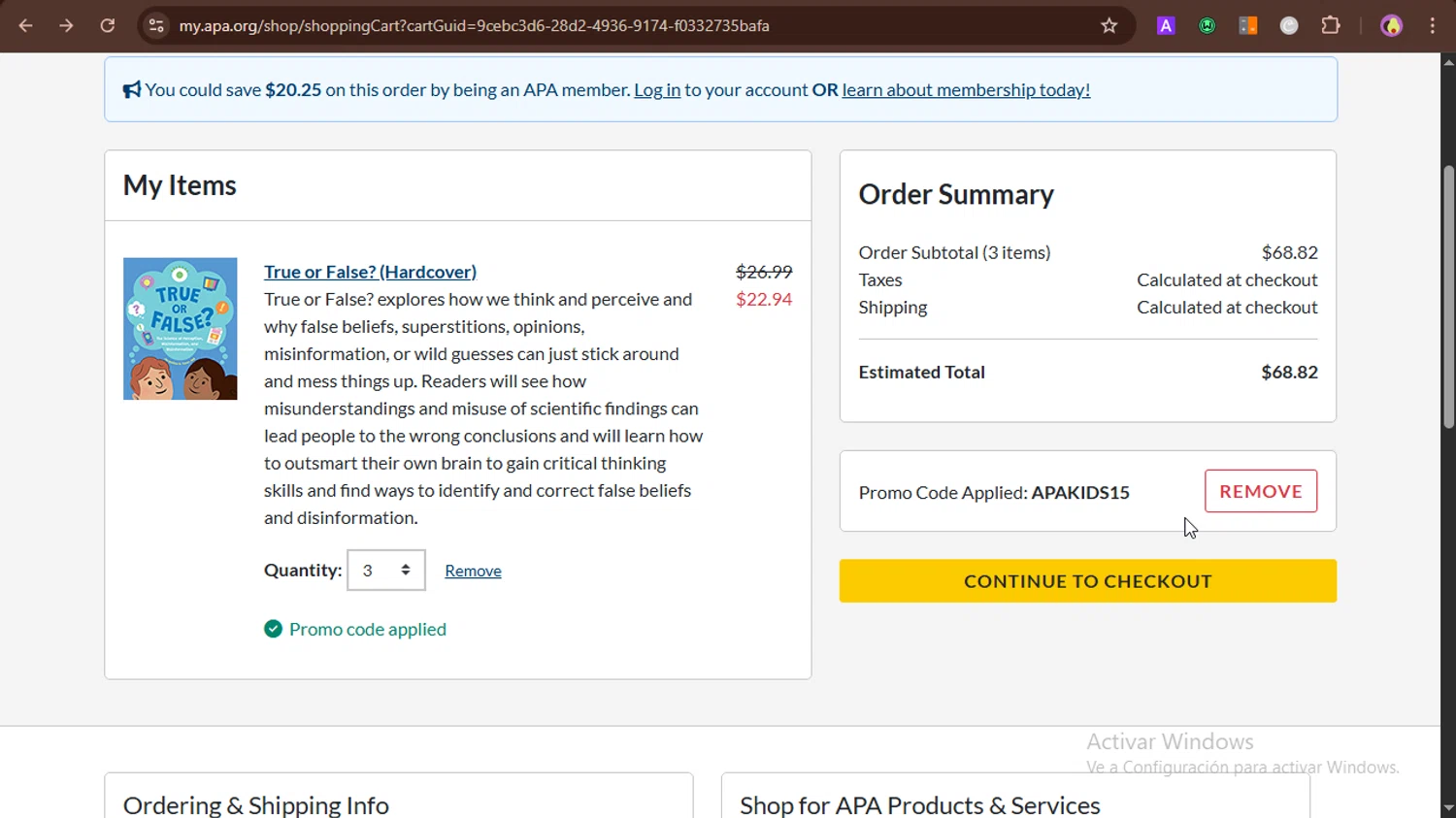 American Psychological Association promo code screenshot showing code APAKIDS15 applied at American Psychological Association checkout page. Uploaded by SimplyCodes community member PrincessCoupon on May 29, 2025