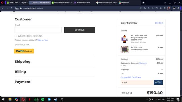 Amrita Aromatherapy checkout page showing Amrita Aromatherapy coupon code box | Screenshot taken by SimplyCodes community member on Sep 8, 2025