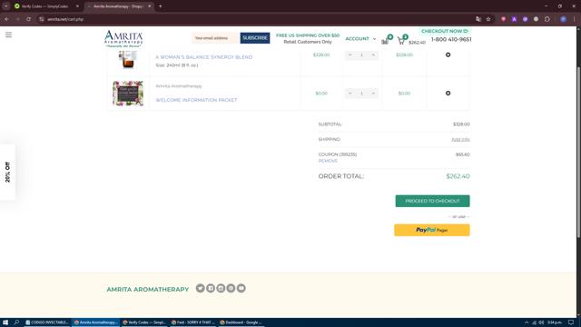 Amrita Aromatherapy checkout page showing Amrita Aromatherapy coupon code box | Screenshot taken by SimplyCodes community member on Jul 20, 2025